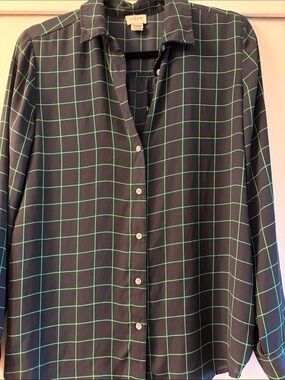 J. Crew Black Button-Down Shirt with Green Windowpane Grid